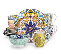 vancasso Jasmin Patterned Dinner Set - 16 Pieces Porcelain Dinnerware Set Moroccan Crockery with 10.5 inch Dinner Plate 8 inch Dessert Plate 23oz Bowl and 12oz Mug, Service for 4