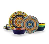 vancasso KRVI 12 Pieces Dinner Set, Porcelain Dinnerware Sets for 4, Scratch Resistant Plates and Bowls Set, Bohemian Style Dining Ware Service, Microwave and Dishwasher Safe