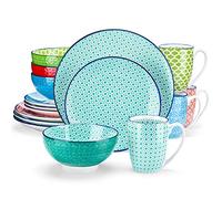 vancasso Macaron Dinnerware Set 16 Pieces Porcelain Dinner Set - Multicolour Japanese Dinner Service Mediterranean Crockery with Dinner Plate, Dessert Plate, Cereal Bowl and Mug, Service for 4