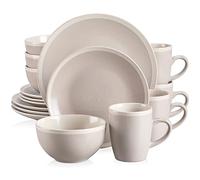 vancasso Matte Sesame Glaze Dinner Set, 16-Piece Crockery Set with 4-Piece Dinner Plate, Dessert Plate, Cereal Bowl and Mug. Light Grey