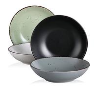 vancasso Moda Multicolour Pasta Bowl Soup Bowl Set 8 inch Ceramic Soup Plate, Stoneware Vintage Look Cream Dinnerware Tableware, 600 ml Ramen Noodle Bowl Set of 4. (Black/White/Cyan/Grey)