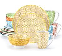 vancasso Natsuki Porcelain Dinner Sets, Colourful Plate Set with Classic Pattern, 16 Piece Dinnerware Sets with Dinner Plate, Dessert Plate, Bowl and Mug. Service for 4