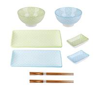 vancasso Natsuki Porcelain Sushi Plate Set for 2, Japanese Style Ceramic Blue Green 8 Pieces Sushi Serving Set, Including Sushi Platters | Sushi Bowls | Dip Bowls | Chopsticks, Gift Box