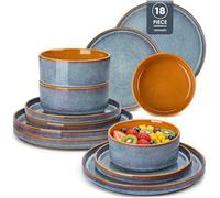 vancasso Onion Plates and Bowls Set, 18-Piece Mediterranean Style Stoneware Dinner Sets for 6 People, Reactive Glaze Crockery Set with Dinner Plates, Dessert Plate and Cereal Bowls, Blue and Caramel
