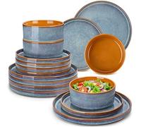 vancasso Onion Stoneware Dinner Sets for 8 People, 24 Piece Mediterranean Style Reactive Glaze Ceramic Plates and Bowls Set Crockery Sets, Blue Caramel
