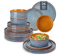 vancasso Onion Stoneware Dinner Sets for 8 People, 24 Piece Mediterranean Style Reactive Glaze Ceramic Plates and Bowls Set Crockery Sets, Blue and Caramel