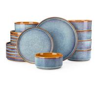 vancasso Onion Stoneware Dinnerware Set for 6, 18 Piece Blue Caramel | Serves 6, Mediterranean Style, Reactive Glaze Finish, Ideal for Everyday Family Meals, Dishwasher & Microwave Safe