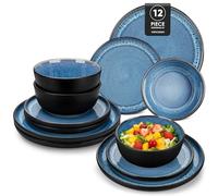 vancasso Playa Blue Dinner Set for 4, 12-Piece Mediterranean Stoneware Crockery Set, Reactive Glaze Dinner Service with Dinner Plates, Dessert Plate and Cereal Bowls