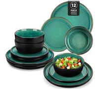 vancasso Playa Green Plates and Bowls Sets, 12 Pieces Reactive Glaze Ceramic Dinnerware Set for 4, Kitchen Dinner Dining Ware Set, Microwave and Dishwasher Safe Dishware Dishes