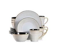 vancasso PLUVO Embossed Dinner Set, Stoneware Vintage Look Grey Dinnerware Tableware, 16 Pieces Dinner Service Set for 4, Include Dinner Plate, Dessert Plate, Cereal Bowl and Mug