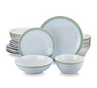 vancasso PLUVO Embossed Dinner Sets, Stoneware Vintage Look Green Dinnerware Tableware, 16 Pieces Dinner Service Set 4, Include Dinner Plate, Dessert Plate, Pasta Bowl and Cereal Bowl