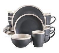 vancasso SEESAMI Stoneware Dinner Set- Matte Sesame Glaze Crockery - 16 Pieces Dinnerware Tableware Service Set for 4, Include Dinner Plate, Dessert Plate, Cereal Bowl and Mug. Dark Grey