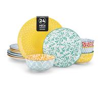 vancasso Selene 24-Piece Colorful Ceramics Plates and Bowls Set for 8 | Floral Patterned Dinner Set Crockery Set with Dinner Plates/Dessert Plates/Cereal Bowls, Mircowave & Dishwasher Safe