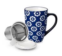 vancasso Selene 540 ml Ceramic Tea Mug with Removable Infuser and Lid, Vintage Blue-and-White Loose Leaf Cup, Microwave & Dishwasher Safe, Perfect for Tea, Coffee, Daisy Cluster