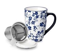 vancasso Selene 540 ml Ceramic Tea Mug with Removable Infuser and Lid, Vintage Blue-and-White Loose Leaf Cup, Microwave & Dishwasher Safe, Perfect for Tea, Coffee, Five-Leaf Clover