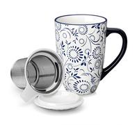 vancasso Selene 540 ml Ceramic Tea Mug with Removable Infuser and Lid, Vintage Blue-and-White Loose Leaf Cup, Microwave & Dishwasher Safe, Perfect for Tea, Coffee, Floral Bloom