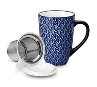 vancasso Selene 540 ml Ceramic Tea Mug with Removable Infuser and Lid, Vintage Blue-and-White Loose Leaf Cup, Microwave & Dishwasher Safe, Perfect for Tea, Coffee, Geometric Weave