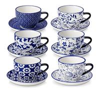 vancasso Selene Cup and Saucer Set, 8oz/240ml Porcelain Small Espresso Coffee Cup Set for 6, Vintage Blue-and-White Design, Ceramic Afternoon Tea Cups for Cappuccino,Latte