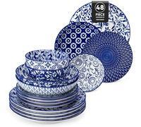vancasso Selene Plates and Bowls Set, 48 Pieces Vintage Blue Porcelain Dinner Sets for 12 People, Scratch Resistant Dinnerware Sets Crockery Set, Mircowave Dishwasher Safe Dishes Set