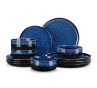 vancasso Starry 12 Pieces Crockery Set for 4, Blue Reactive Glaze Plates and Bowls Set, Ceramic Plate Set, Dinner Salad Dessert Plates, and Cereal Bowls Set, Dishwasher and Microwave Safe