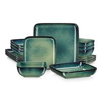 vancasso Stern Dinner Set for 4, Square Reactive Glaze Crockery Set, 16 Piece Dinnerware Tableware Set with Dinner Plates, Dessert Plate, Bowl and Soup Bowl, Vintage Green