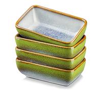 vancasso Stern Garss Green 4-Piece Saucer Dish Set, Reactive Glaze Dipping Snack Bowl, Ceramic Small Serving Dish/Condiment Dish/Seasoning Bowl/Sushi Soy Dish, Rectangular. (11.5x6.8x4cm)