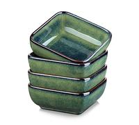vancasso Stern Green 4-Piece Saucer Dish Set, Reactive Glaze Dipping Snack Bowl, Ceramic Small Serving Dish/Condiment Dish/Seasoning Bowl/Sushi Soy Dish, Square. (9.5x9.5x3.8cm)