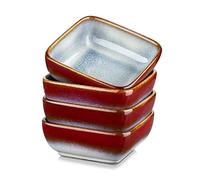 vancasso Stern Red 4-Piece Saucer Dish Set, Reactive Glaze Dipping Snack Bowl, Ceramic Small Serving Dish/Condiment Dish/Seasoning Bowl/Sushi Soy Dish, Square. (9.5x9.5x3.8cm)