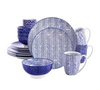 vancasso Takaki 16 Pieces Porcelain Dinner Set for 4, Japanese Style Crockery Blue Dinnerware Tableware, 16 Pieces Dinner Service with Dinner Plates, Dessert Plates, Cereal Bowls, Soup Bowl and Mug