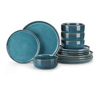 vancasso Vega Plates and Bowls Sets, 12 Pieces Stoneware Dinnerware Sets Dishes Set Modern Kitchen Dishware Sets Service for 4, Dishwasher and Microwave Safe, Blue