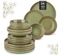 vancasso Zermatt 24 Pieces Dinner Set for 6, Reactive Glaze Stoneware Plates and Bowls Set, Green Crockery Set with Dinner Plates, Dessert Plates, Soup Bowls & Cereal Bowls