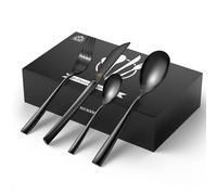 VancassoCutlery Set Black for 12 People, 18/10 Stainless Steel Knife/Fork/Spoon/Dessert Spoon, 48-Piece Set with Handle, Polished and Gift Box, Modern and Simple Design