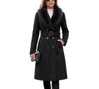 Vancavoo Women’s Longline Coat Winter with Detachable Faux Fur Collar | Belted Double Breasted Elegant Autumn Overcoat, Slant Pockets, Smooth Lining, for Work, Dinner & Daily Wear