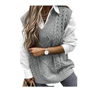 Vancavoo Women Sweater Vest V-Neck Knitted Women's Sleeveless Pullover Solid Color Split Side Loose Jumper Ladies Gilet Tops Streetwear Knitwear Stylish Vintage Waistcoats Clothes(Gray-1,XL)