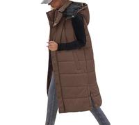 Vancavoo Women's Long Quilted Gilet Ladies Sleeveless Zip Up Hoodies Warm Jacket Vest Longline Thick Padded Waistcoat Winter Wear Side Split Puffer Long Body-Warmer Coat with Pockets,Coffee,M