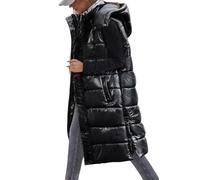 Vancavoo Women's Long Quilted Gilet Ladies Sleeveless Zip Up Hoodies Warm Jacket Vest Longline Thick Padded Waistcoat Winter Wear Side Split Puffer Long Body-Warmer Coat with Pockets,Gloss Black,M