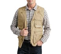 Vanchenl Men's Utility Vest Safari Travel Cargo Outdoor Gilet Work Lightweight Photo Shooting Waistcoat with Pockets Khaki M