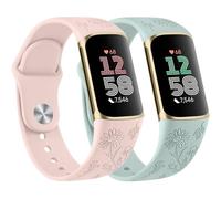 Vancle 2 Pack Wristbands for Fitbit Charge 6 Wristband/Fitbit Charge 5 Wristband for Men and Women, Silicone Wristbands, Flower Engraved Watch Strap, Adjustable Sports Replacement Strap