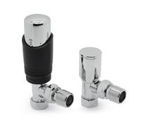 VANCOCO 1/2"×15mm Angled Thermostatic Radiator Valve with Lockshield Valve, Energy Saving Modern TRV H62 Brass Pair Radiator Thermostat Valves for Radiator Central Heating(Black+Chrome)
