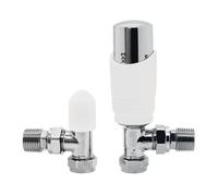 VANCOCO 1/2"×15mm Angled Thermostatic Radiator Valve with Lockshield Valve, Energy Saving Modern TRV H62 Brass Pair Radiator Thermostat Valves for Radiator Central Heating(White+Chrome)