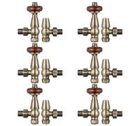 VANCOCO 6 Pcs Traditional Antique Brass Angled Radiator Valves & Lockshield 1/2"×15mm, Thermostatic TRV Pair for Cast Iron or Modern Radiators with Solid Wood Handwheel