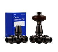 VANCOCO Black Nickel Corner TRV & Lockshield Pair 1/2"×15mm | Traditional radiator valve set fitted with solid wood handwheel, compatible with cast iron and modern heating radiators