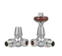 VANCOCO Chrome Corner TRV & Lockshield Pair 1/2"×15mm | Traditional radiator valve set fitted with solid wood handwheel, compatible with cast iron and modern heating radiators