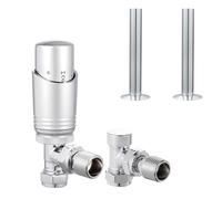 VANCOCO Chrome Thermostatic Radiator Valve 1/2"×15mm Angled with Lockshield + 130mm×18mm Radiator Pipe Covers, Thermostat TRV Set, H62 Brass, Energy Saving