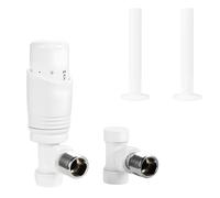 VANCOCO Glossy White Thermostatic Radiator Valve 1/2"×15mm Angled with Lockshield + 130mm×18mm Radiator Pipe Covers, Thermostat TRV Set, H62 Brass, Energy Saving