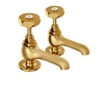 VANCOCO Gold Brass Basin Taps Pair 1/2 Inch, Victorian Style Hot Cold Round Lever, Polished Gold Pillar Bathroom Sink Faucet Set of 2