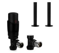 VANCOCO Matte Black Thermostatic Radiator Valve 1/2"×15mm Angled with Lockshield + 130mm×18mm Radiator Pipe Covers, Thermostat TRV Set, H62 Brass, Energy Saving