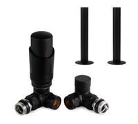 VANCOCO Matte Black Thermostatic Radiator Valve 1/2"×15mm Corner with Lockshield + 130mm×18mm Radiator Pipe Covers, Thermostat TRV Set, H62 Brass, Energy Saving