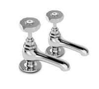 VANCOCO Set of 2 Traditional Brass 1/2" Pillar Basin Taps, Polished Chrome | Victorian hot cold round lever sink taps, solid brass polished chrome finish, dual pillar faucet for bathroom wash basin