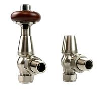 VANCOCO Traditional Angled Radiator Valves 1/2"×15mm, Brass Thermostatic Radiator Valve, Cast Iron Antique Thermostat Radiator Thermostat TRV Pair with Solid Wood Handwheel (Satin Nickel)